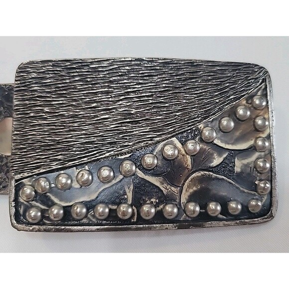 VTG Leatherock Studded Leather Belt Silver Geometric Buckle Black Distressed L36